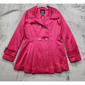 23rd Street Jacket Womens M Hot Pink‎ Satin Sheen Double Breasted Trench Coat
